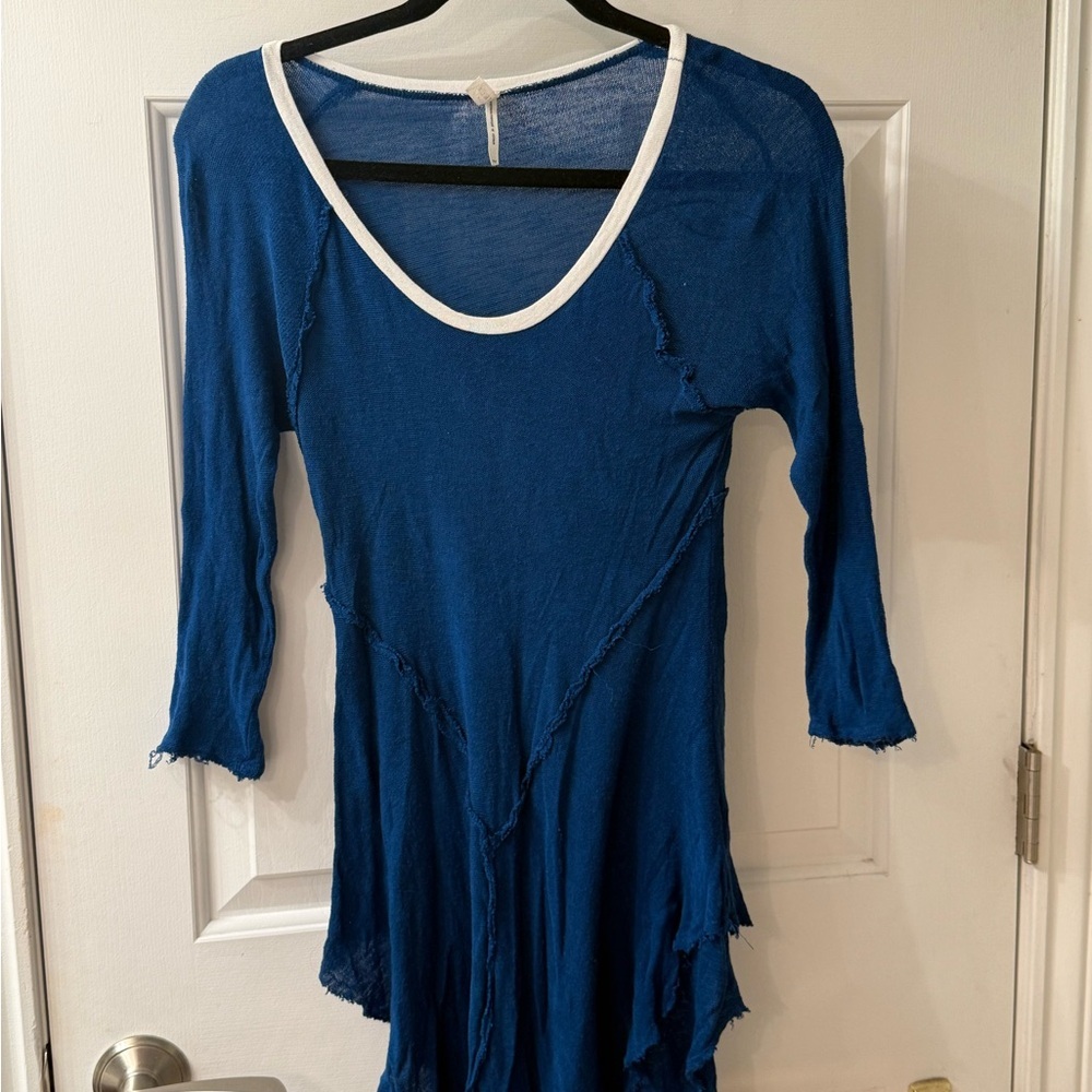 Free People Blue Asymmetrical Tunic with 3/4 Sleeves